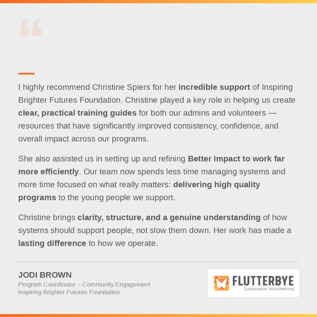 Jodi Brown, Inspiring Brighter Futures — testimonial about Flutterbye volunteer management consulting