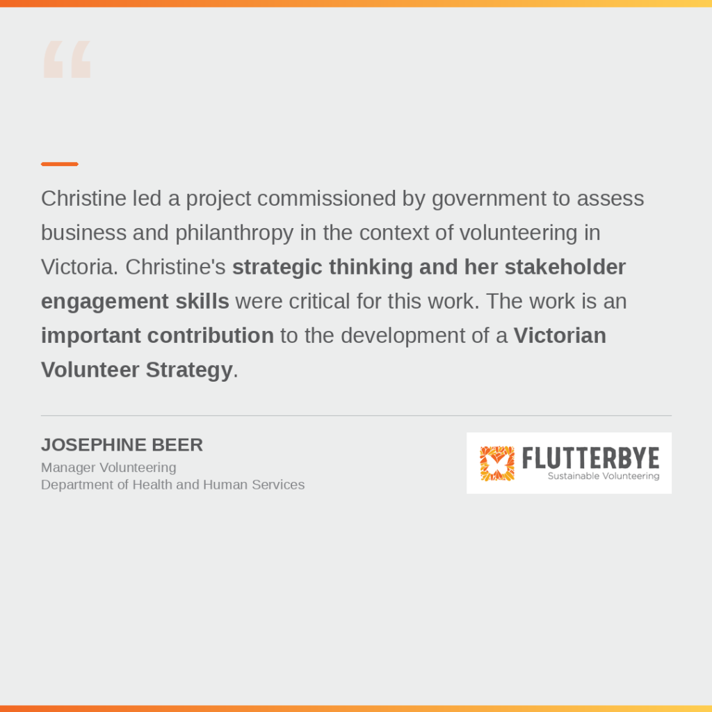 Josephine Beer, Victorian Department of Health — testimonial about Flutterbye volunteer management consulting