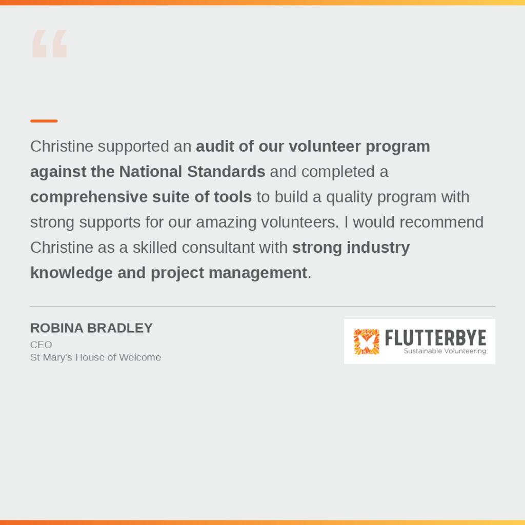 Robina Bradley, St Mary's House of Welcome - testimonial about Flutterbye volunteer management consulting