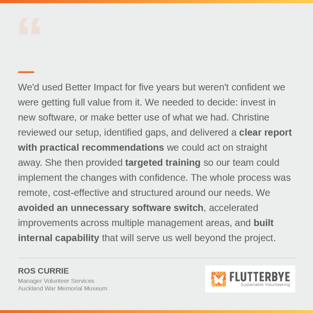 Ros Currie, Auckland Museum — testimonial about Flutterbye volunteer management consulting