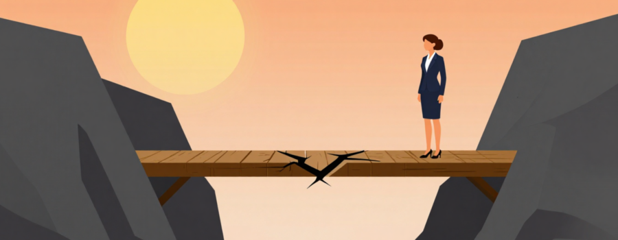 A businesswoman in a navy suit stands on a cracked wooden bridge spanning a gap between two cliffs, with cracks spreading beneath her feet, representing the risk of ignoring warning signs in volunteer management.
