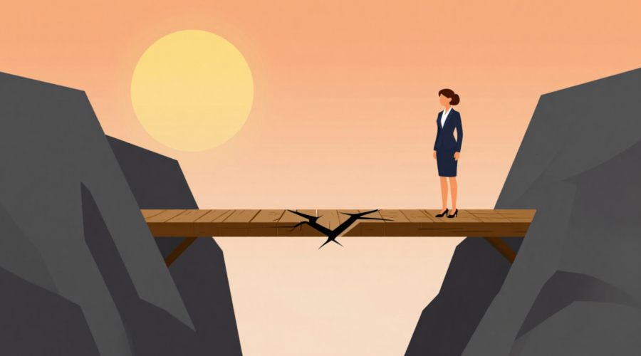 A businesswoman in a navy suit stands on a cracked wooden bridge spanning a gap between two cliffs, with cracks spreading beneath her feet, representing the risk of ignoring warning signs in volunteer management.